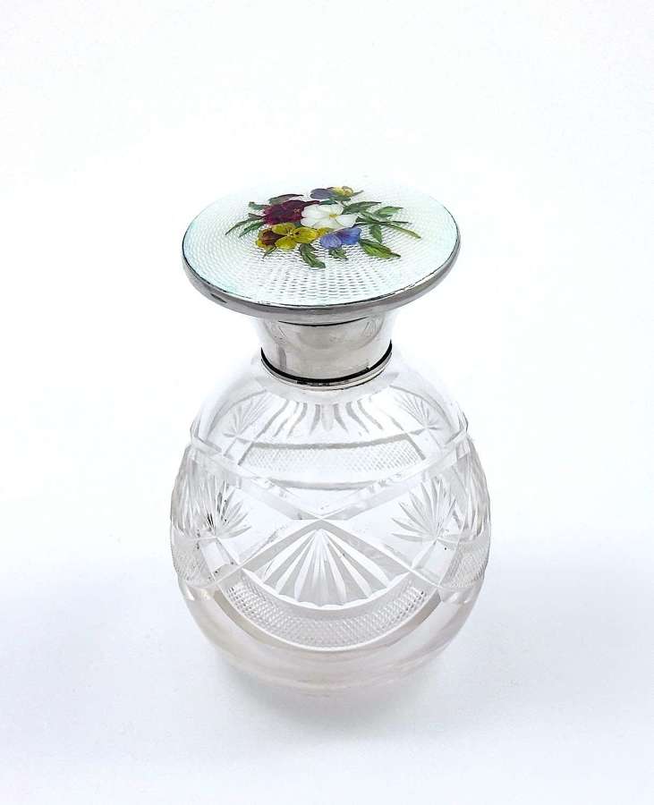 Antique Cut Crystal Perfume Bottle with Enamel Guilloche Pansies Top.