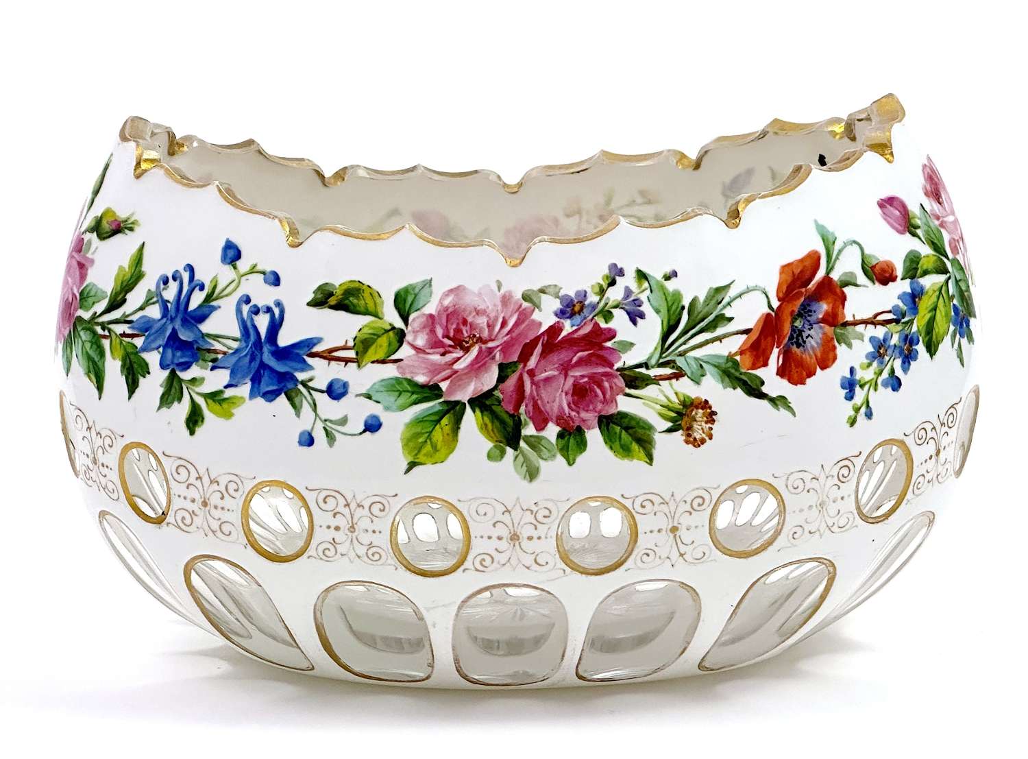 Antique Bohemian Overlay Glass Bowl Decorated with Flowers.