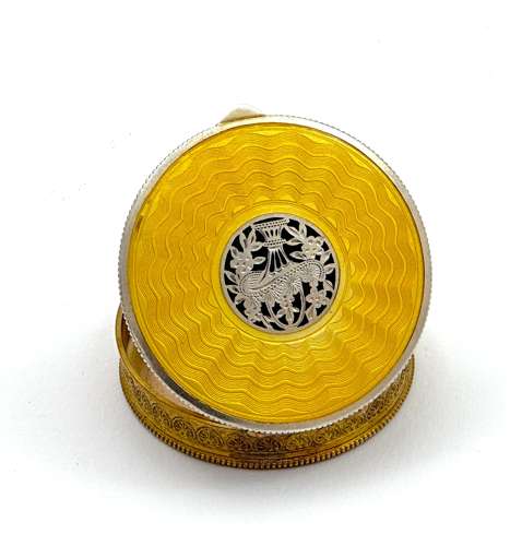 Antique Austrian Silver &Yellow Guilloche Enamel Plique a Jour Compact