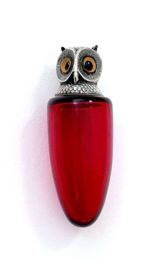 Stunning Antique Silver and Cranberry Crystal Owl Perfume Bottle