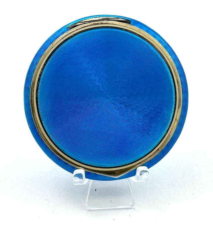 High Quality Antique Silver & Kingfisher Blue Guilloche Enamel Compact