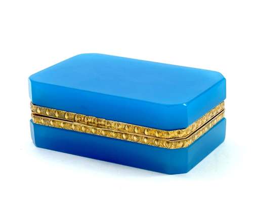 Antique Blue Opaline Glass Casket Box with Fancy Dore Bronze Mounts .