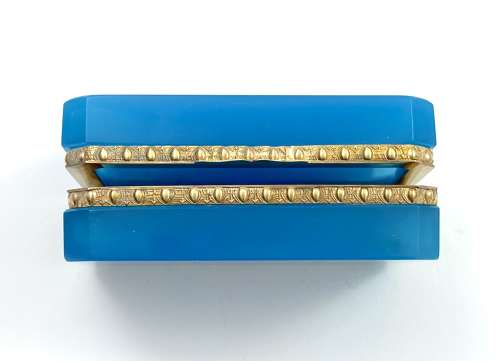 Antique Blue Opaline Glass Casket Box with Fancy Dore Bronze Mounts .