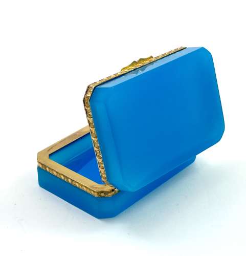 Antique Blue Opaline Glass Casket Box with Fancy Dore Bronze Mounts .