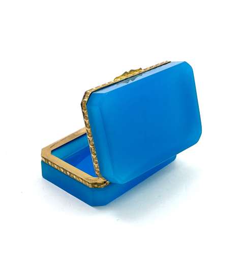Antique Blue Opaline Glass Casket Box with Fancy Dore Bronze Mounts .