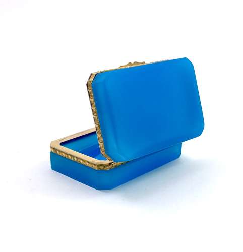 Antique Blue Opaline Glass Casket Box with Fancy Dore Bronze Mounts .