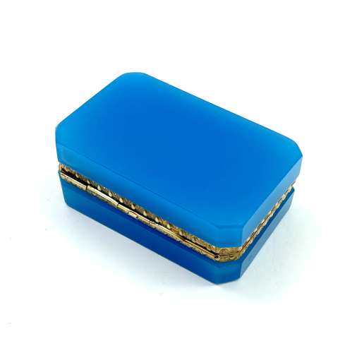 Antique Blue Opaline Glass Casket Box with Fancy Dore Bronze Mounts .
