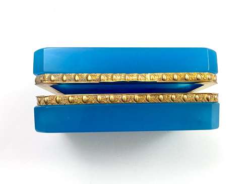 Antique Blue Opaline Glass Casket Box with Fancy Dore Bronze Mounts .