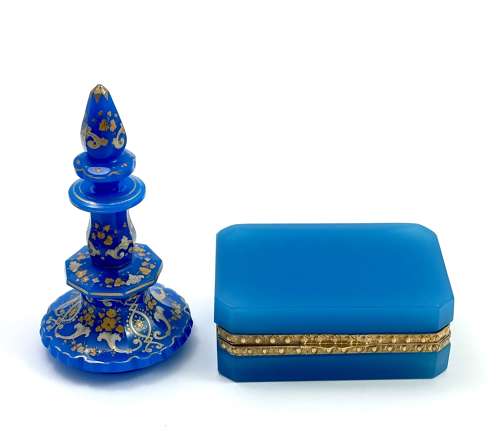 Antique Blue Opaline Glass Casket Box with Fancy Dore Bronze Mounts .