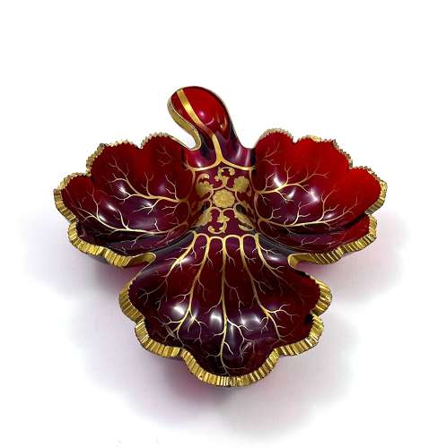Large Antique Bohemian Ruby Red Crystal Glass Leaf Shaped Dish