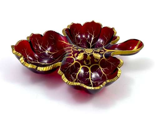Large Antique Bohemian Ruby Red Crystal Glass Leaf Shaped Dish