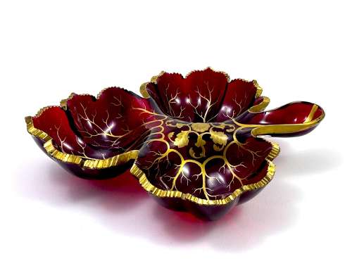 Large Antique Bohemian Ruby Red Crystal Glass Leaf Shaped Dish