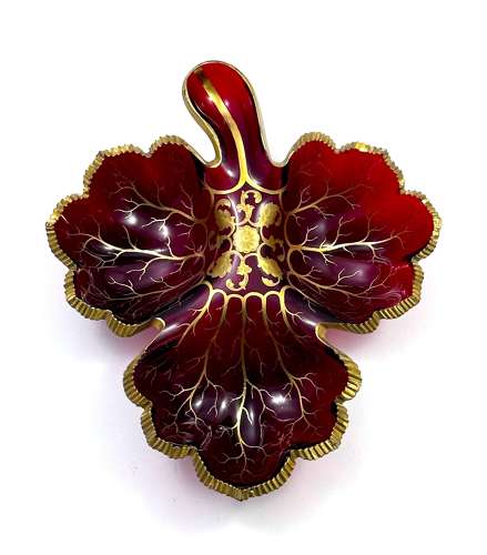 Large Antique Bohemian Ruby Red Crystal Glass Leaf Shaped Dish