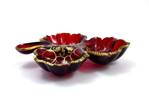 Large Antique Bohemian Ruby Red Crystal Glass Leaf Shaped Dish