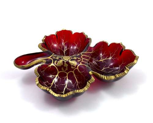 Large Antique Bohemian Ruby Red Crystal Glass Leaf Shaped Dish
