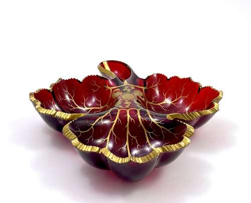 Large Antique Bohemian Ruby Red Crystal Glass Leaf Shaped Dish