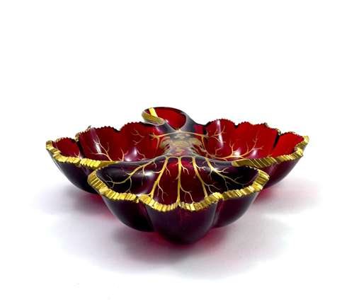 Large Antique Bohemian Ruby Red Crystal Glass Leaf Shaped Dish