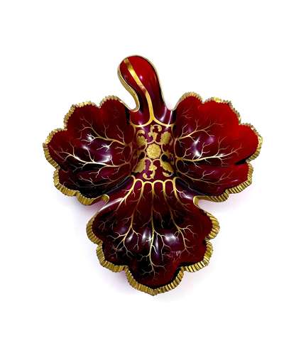 Large Antique Bohemian Ruby Red Crystal Glass Leaf Shaped Dish