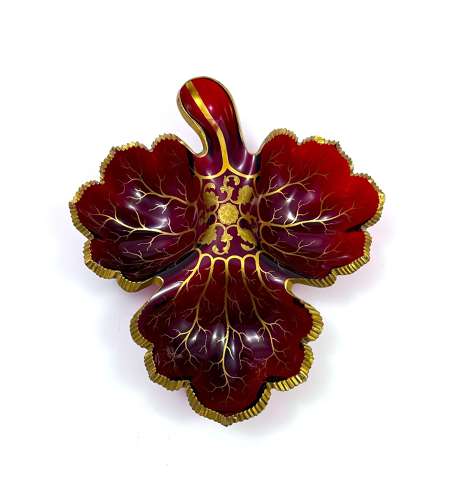 Large Antique Bohemian Ruby Red Crystal Glass Leaf Shaped Dish