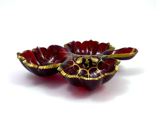 Large Antique Bohemian Ruby Red Crystal Glass Leaf Shaped Dish