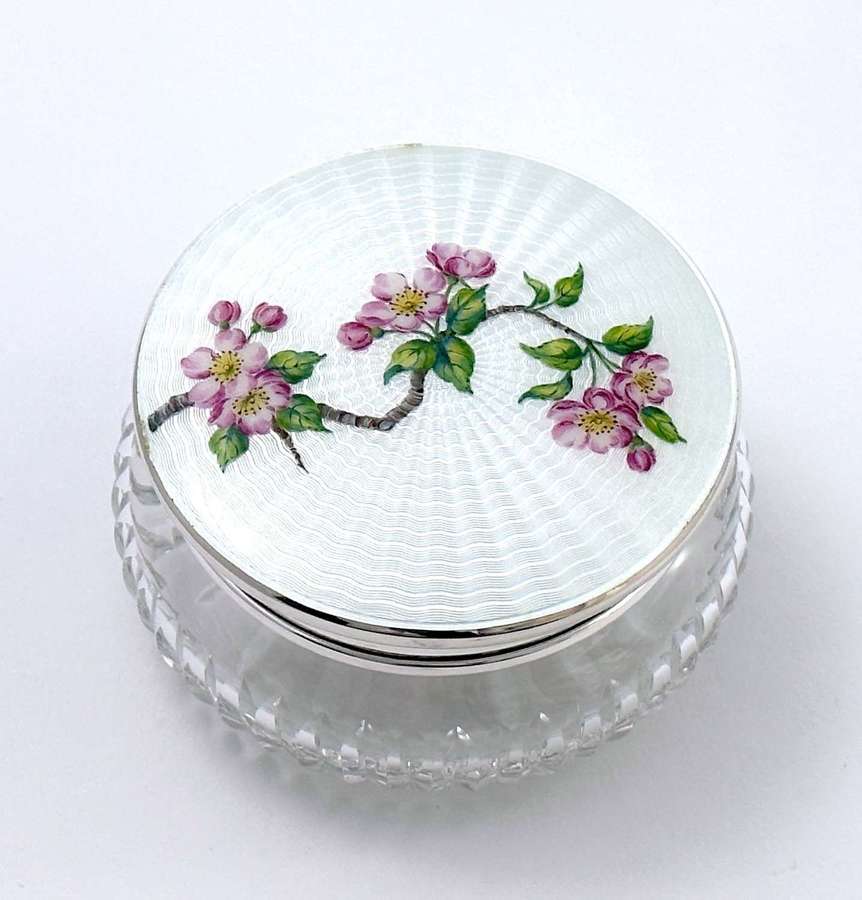 Antique&nbsp;Guilloche&nbsp;Enamel & Silver Cut Crystal Dressing Table Box