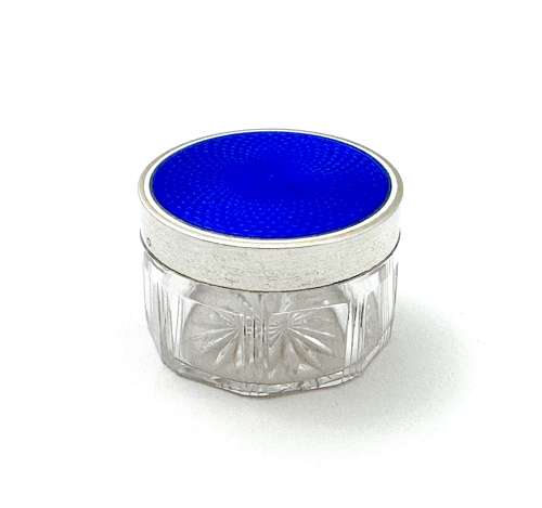 Antique Fench Guilloche Enamel, Silver and Crystal Glass Box.