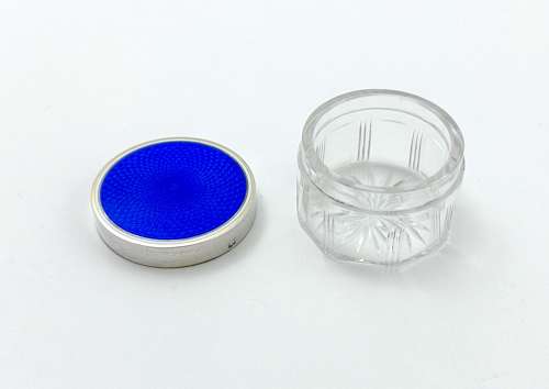 Antique Fench Guilloche Enamel, Silver and Crystal Glass Box.