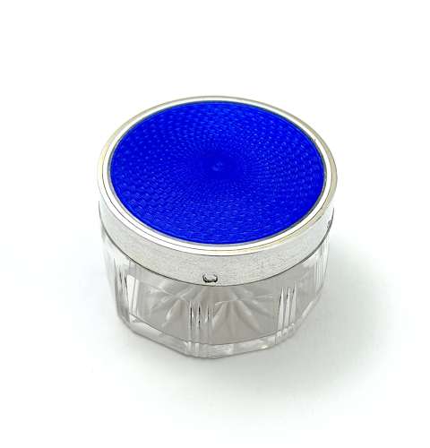 Antique Fench Guilloche Enamel, Silver and Crystal Glass Box.