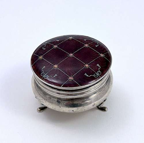 Pretty Antique Silver & Chocolate Enamel Round Trinket Box with Roses