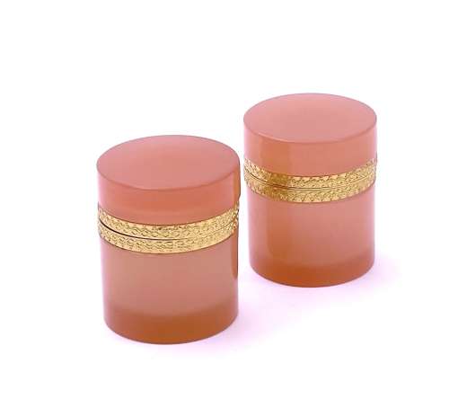 A Small Pair of Antique Pink Opaline Glass Cylindrical Caskets