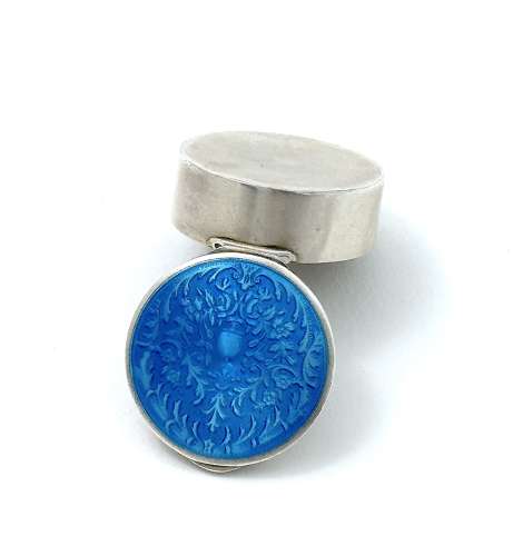 Antique Silver Pill Box with Turquoise Guilloche Enamel Lid with Acorn