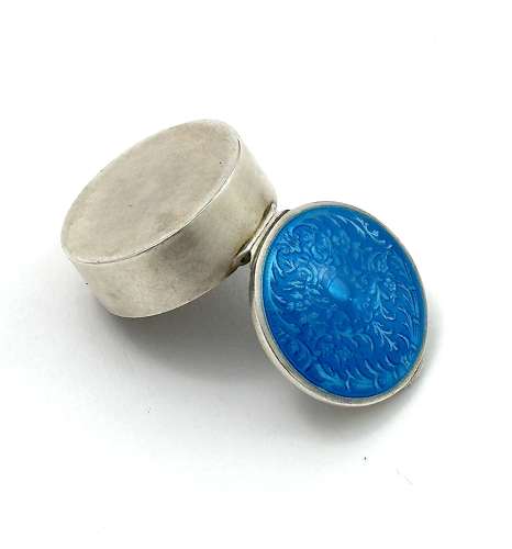Antique Silver Pill Box with Turquoise Guilloche Enamel Lid with Acorn