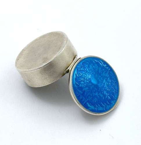 Antique Silver Pill Box with Turquoise Guilloche Enamel Lid with Acorn