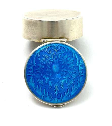 Antique Silver Pill Box with Turquoise Guilloche Enamel Lid with Acorn