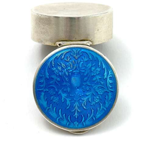 Antique Silver Pill Box with Turquoise Guilloche Enamel Lid with Acorn