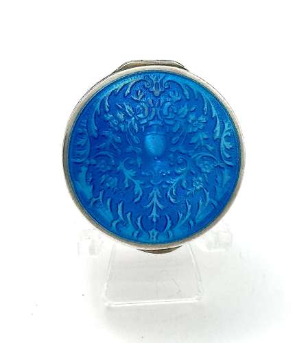 Antique Silver Pill Box with Turquoise Guilloche Enamel Lid with Acorn