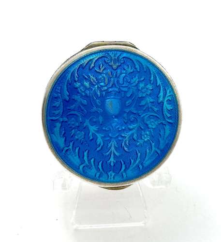 Antique Silver Pill Box with Turquoise Guilloche Enamel Lid with Acorn