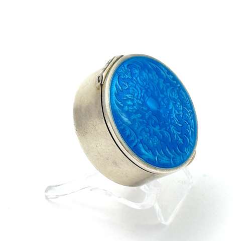 Antique Silver Pill Box with Turquoise Guilloche Enamel Lid with Acorn