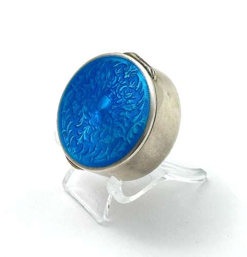 Antique Silver Pill Box with Turquoise Guilloche Enamel Lid with Acorn