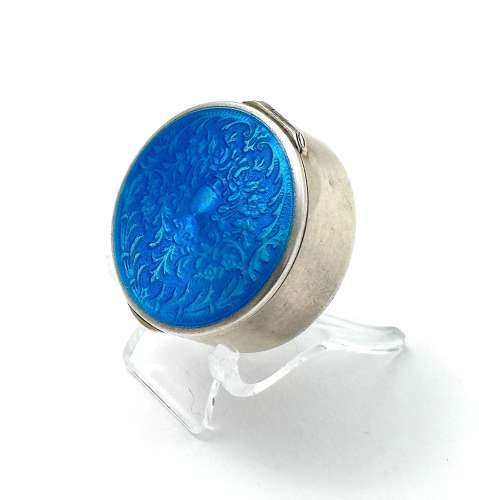Antique Silver Pill Box with Turquoise Guilloche Enamel Lid with Acorn