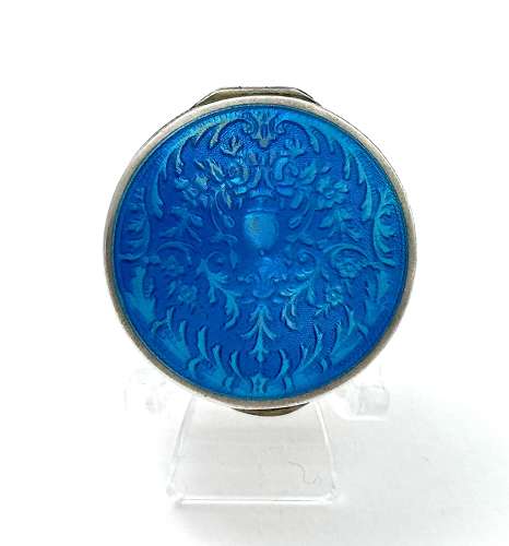 Antique Silver Pill Box with Turquoise Guilloche Enamel Lid with Acorn