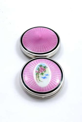 Rare Antique F&B Silver & Pink Guilloche Enamel Double Compact