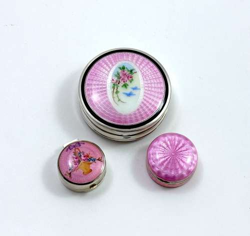 Rare Antique F&B Silver & Pink Guilloche Enamel Double Compact