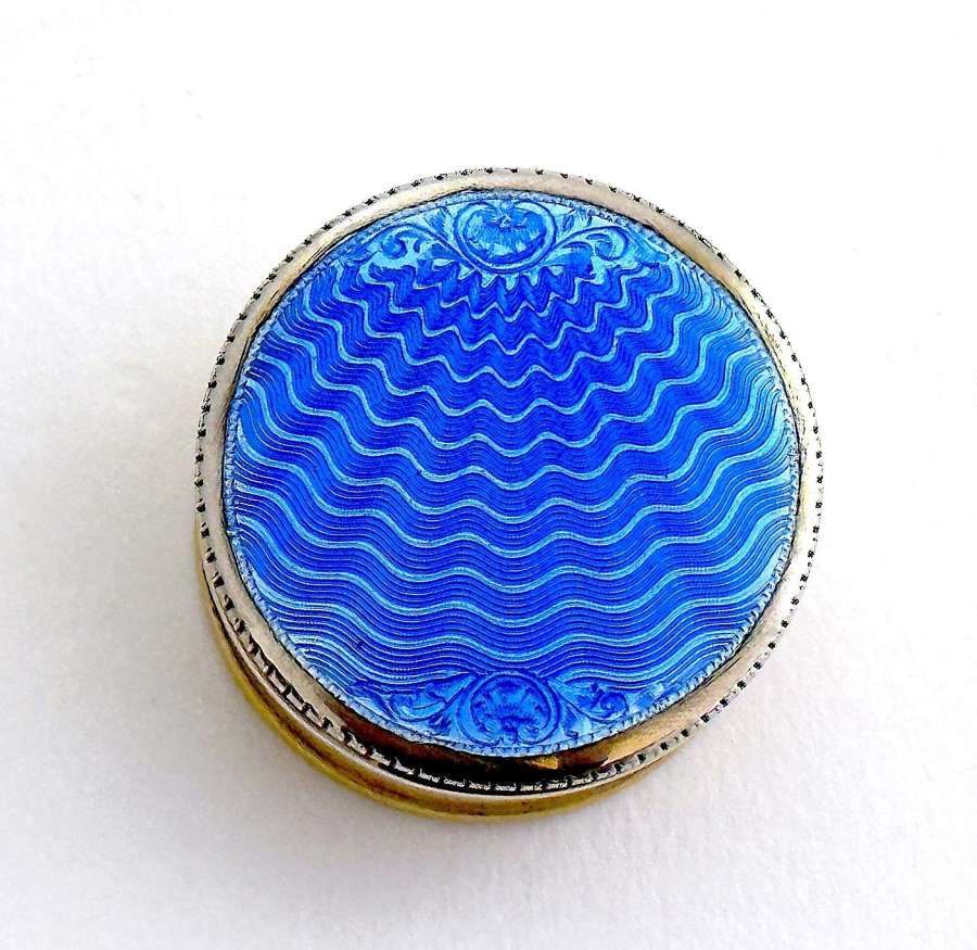 Antique Silver and Blue Enamel Pill Box with  Shell and Waves Design.