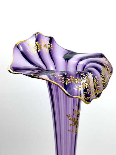 Tall Antique French Mont Joye Amethyst Crystal  Gold Enamelled Vase