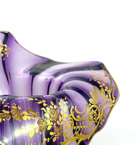 Tall Antique French Mont Joye Amethyst Crystal  Gold Enamelled Vase