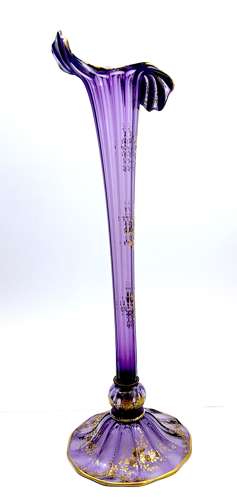 Tall Antique French Mont Joye Amethyst Crystal  Gold Enamelled Vase