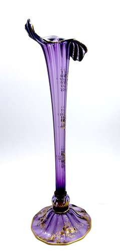 Tall Antique French Mont Joye Amethyst Crystal  Gold Enamelled Vase