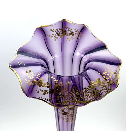 Tall Antique French Mont Joye Amethyst Crystal  Gold Enamelled Vase