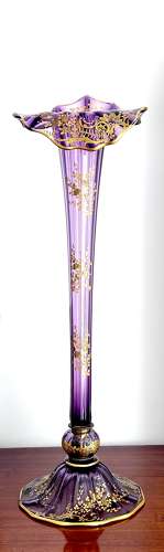 Tall Antique French Mont Joye Amethyst Crystal  Gold Enamelled Vase